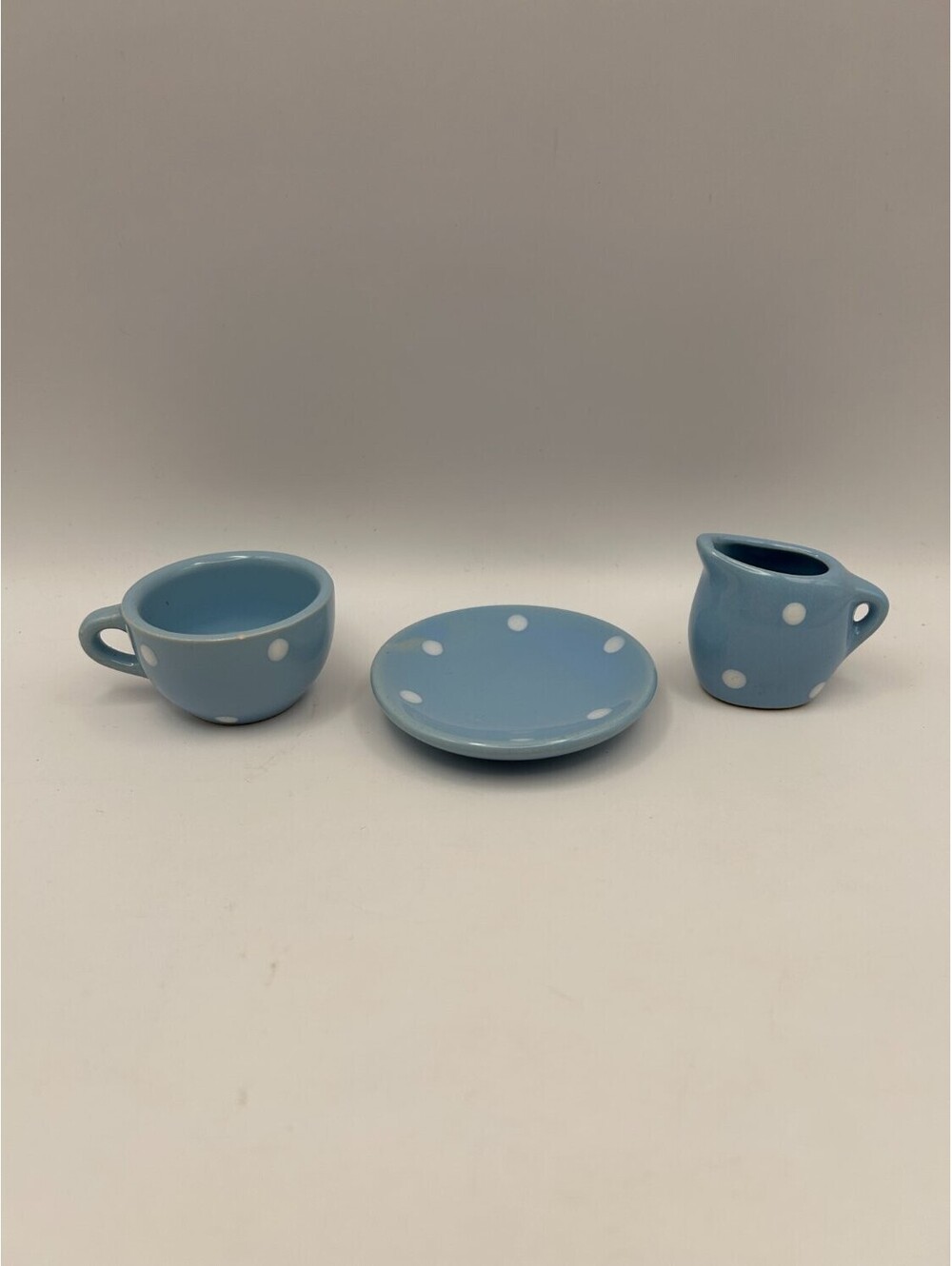 Miniature Ceramic Tea Set Blue White Polka Dot Cup Saucer Creamer Dollhouse